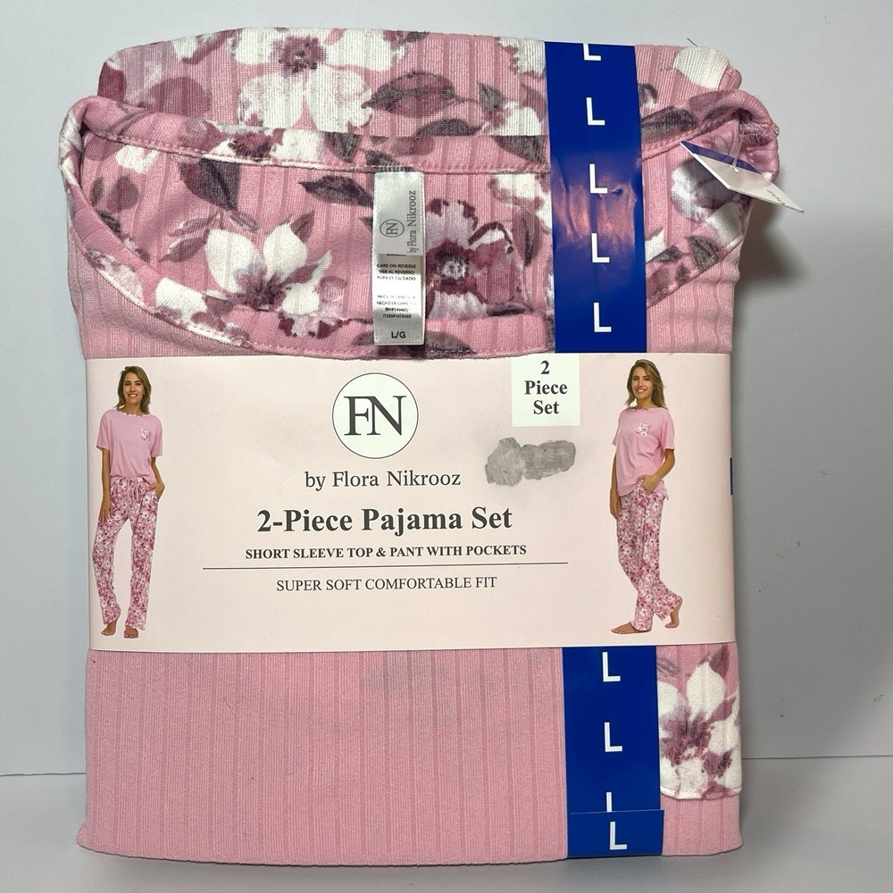 Flora Nikrooz Women's Pajama Set Large Pink Floral Short Sleeve Pockets New 2 Pc